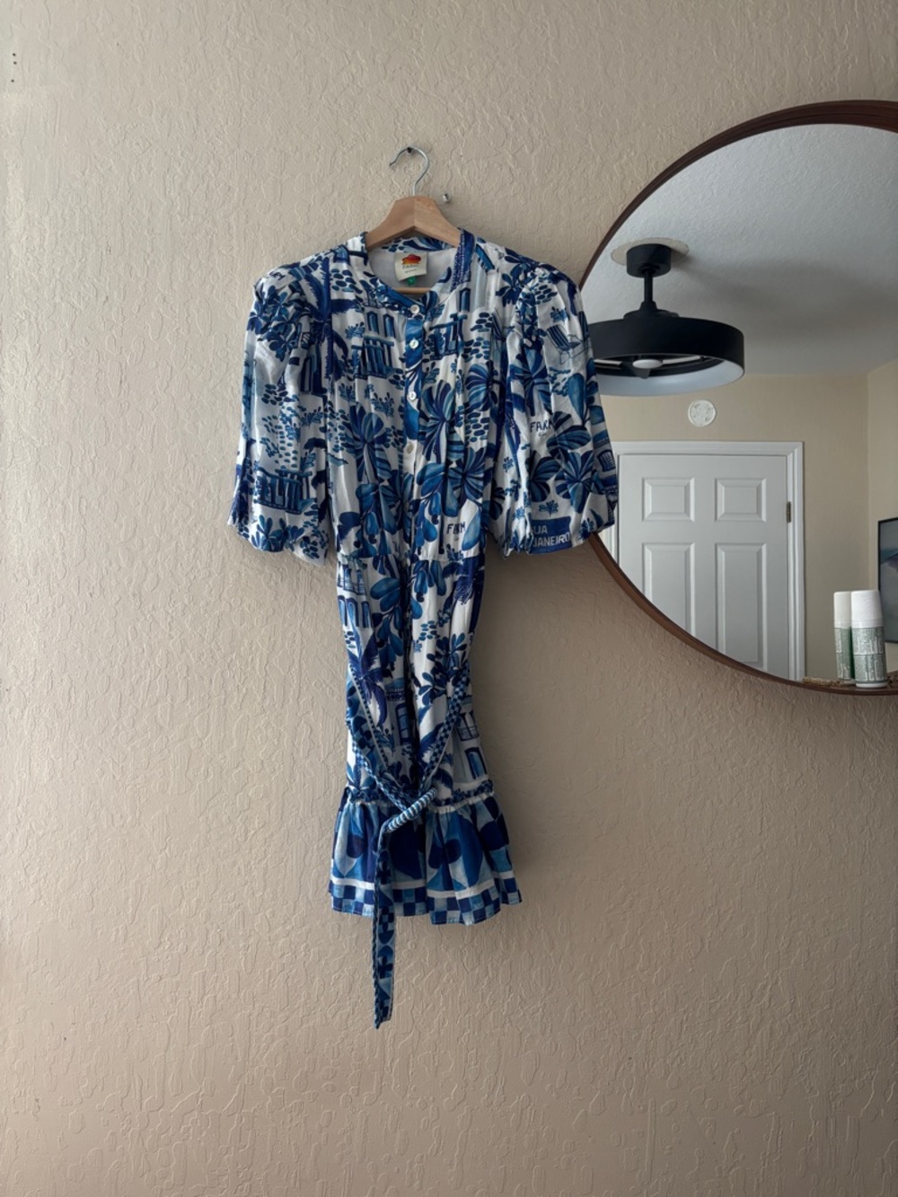 FARM Rio Blue and White Floral Button-Front Mini Dress